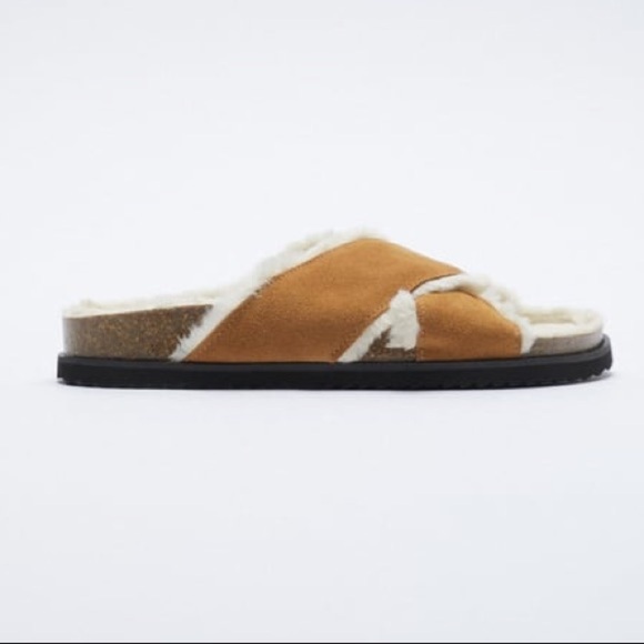 NWT. Zara Natural Color Faux Fur Flat Leather Sandals. Size 6,5. - Picture 1 of 7
